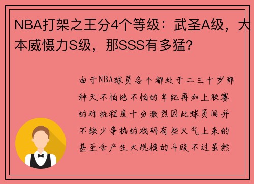 NBA打架之王分4个等级：武圣A级，大本威慑力S级，那SSS有多猛？
