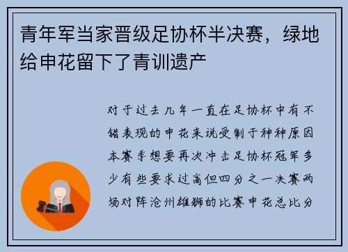 青年军当家晋级足协杯半决赛，绿地给申花留下了青训遗产